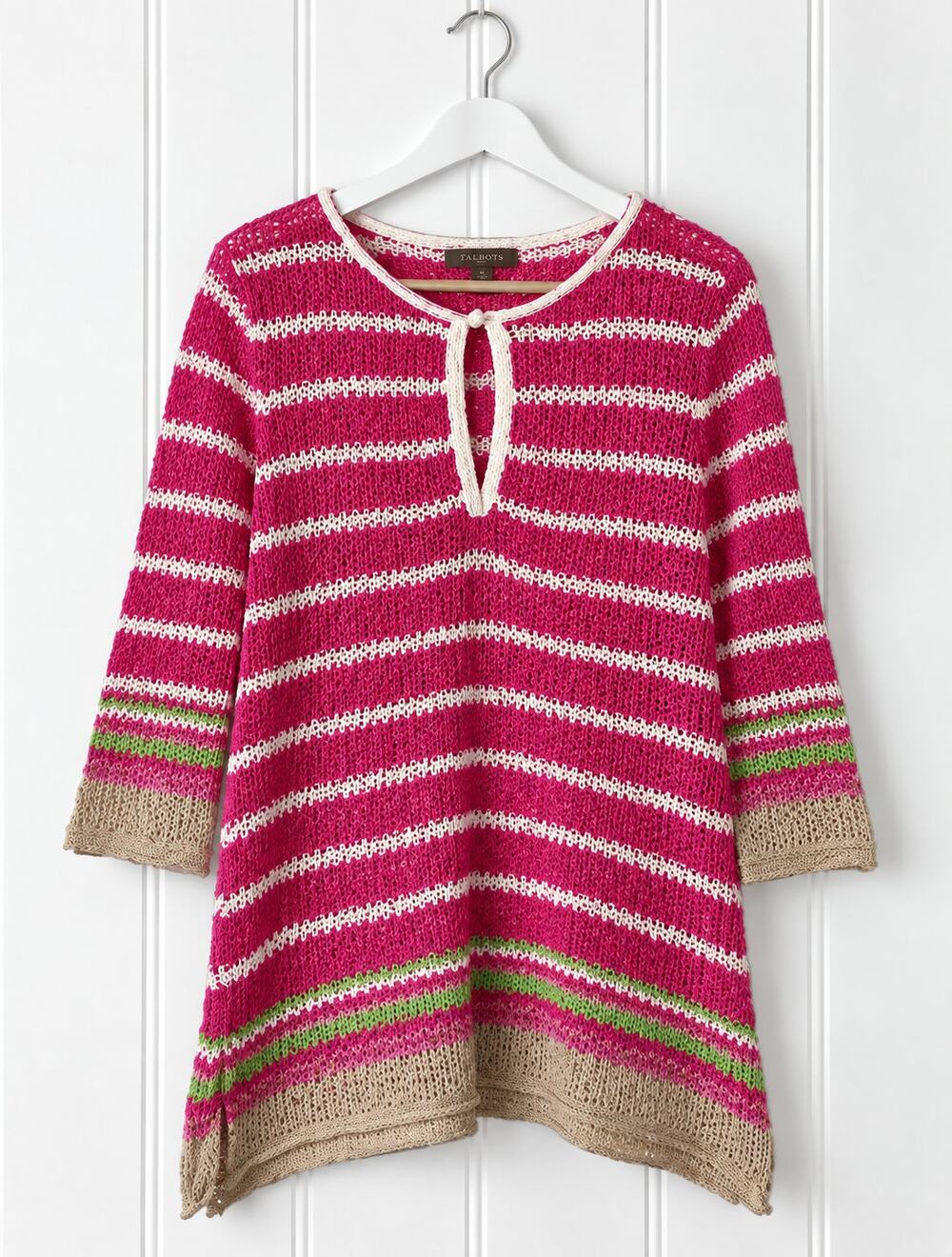 Tommy Bahama Tunic Sweater L Pink Stripe Linen Cotton Open Knit 3/4 Sleeve
